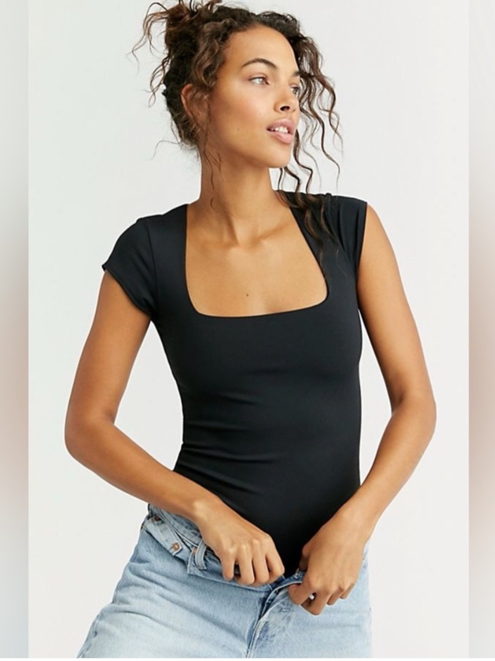NWT Free People Intimately Fair & Square Neck Duo Bodysuit Black Size Small Seam
